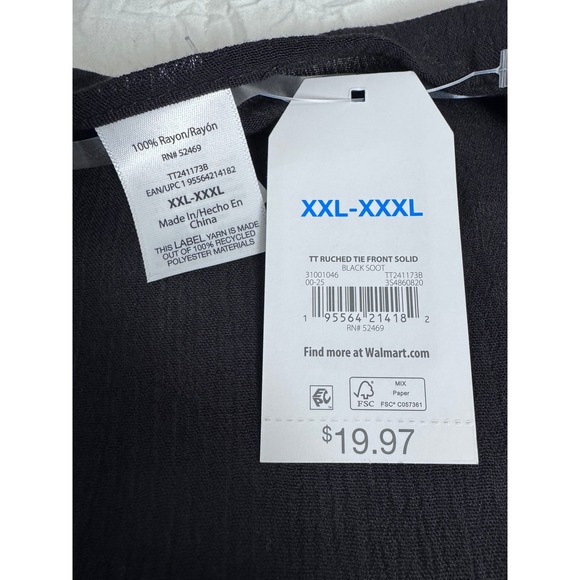 Time and Tru Ruched Tie Front Solid Black Swim Cover Up Kaftan XXL XXXL - Picture 3 of 5